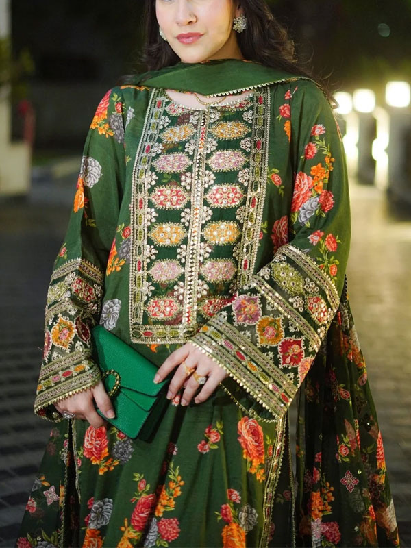 Shamoze Silk Heavy Embroidered Dress With Printed Silk Dupatta (Unstitched) (CHI-1019)