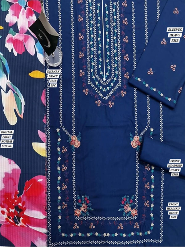 Dhanak Heavy Embroidered Dress With Kortai Printed Shawl (Unstitched) (KD-258)
