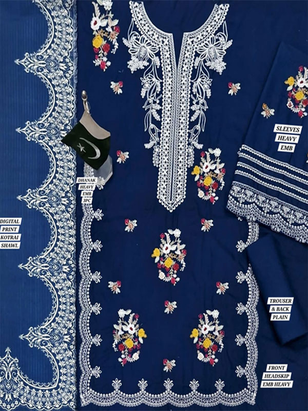 Dhanak Heavy Embroidered Dress With Kortai Printed Shawl (Unstitched) (KD-259)