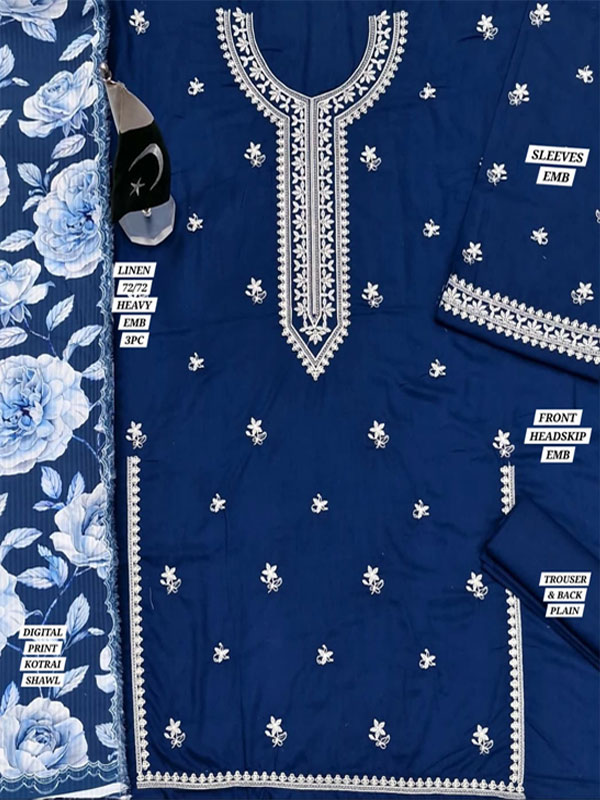 Linen Heavy Embroidered Dress With Printed Kortai Shawl (Unstitched) (LN-407)
