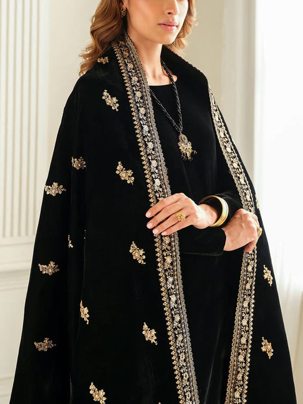 Elegant Velvet Suite Plain Velvet Shirt & Trouser Heavy Embroidered Velvet Shawl (Unstitched) (CHI-1021)	