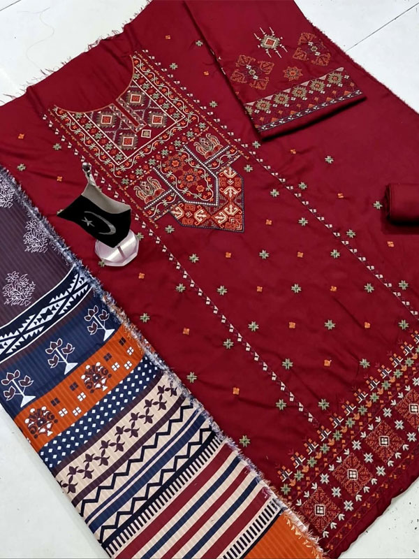 Dhanak Heavy Embroidered Dress With Digital Printed Kortai Shawl (Unstitched) (KD-265)