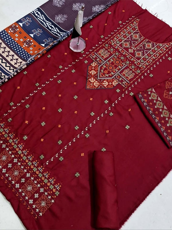 Dhanak Heavy Embroidered Dress With Digital Printed Kortai Shawl (Unstitched) (KD-265)