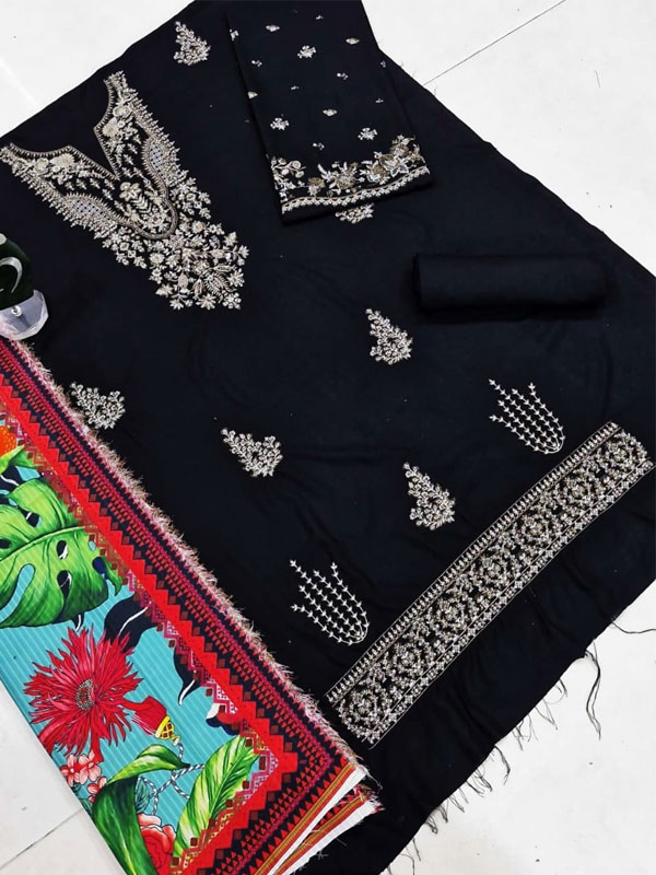 Dhanak Heavy Embroidered Dress With Digital Printed Kortai Shawl (Unstitched) (KD-268)