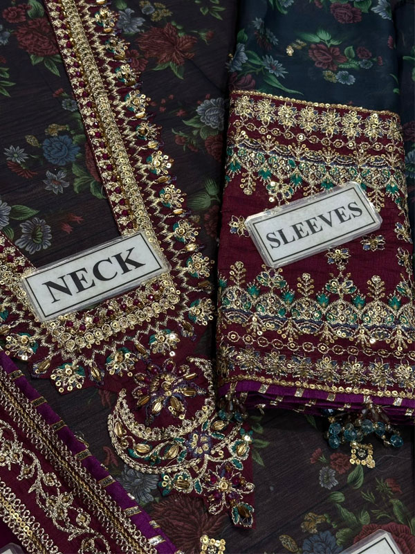 BAROQUE Chiffon Hevy Embroidered Dress With Digital Printed Sequence Embroidered Dupatta (Unstitched) (CHI-1044)