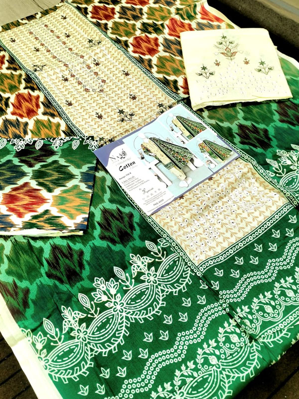 3 PCs Embroidered Cotton Dress With Printed Lawn Dupatta (Unstitched) (DRL-2337)	