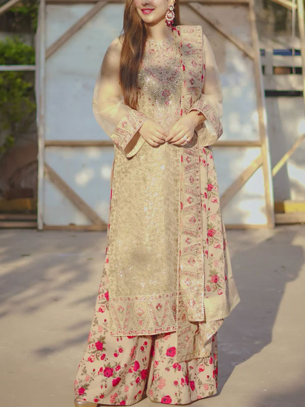 Aneela's Design Heavy Embroidered Chiffon Dress With Silk Trouser (Unstitched) (CHI-1046)