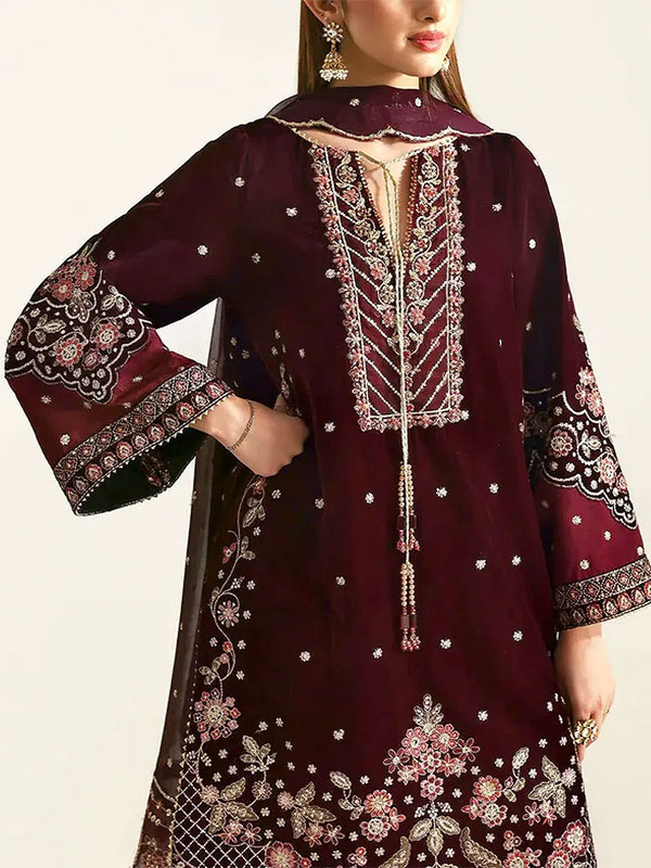  Velvet Heavy Embroidered Dress With Embroidered Chiffon Dupatta (Unstitched) (CHI-1049)