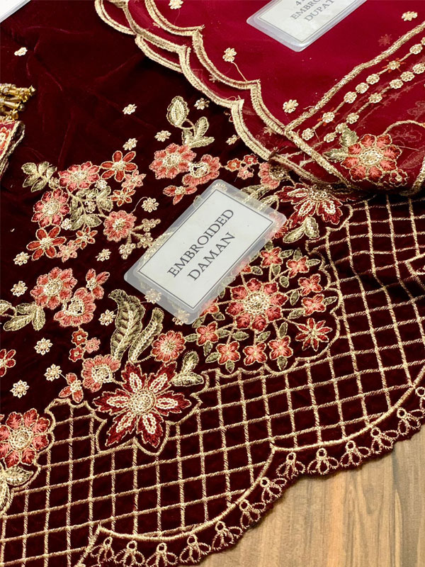  Velvet Heavy Embroidered Dress With Embroidered Chiffon Dupatta (Unstitched) (CHI-1049)