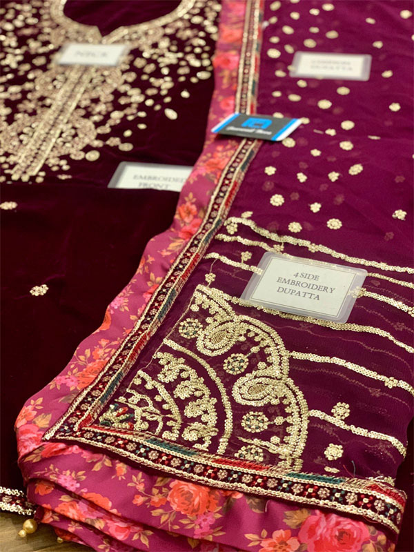  Velvet Heavy Embroidered Dress With Chiffon Embroidered Dupatta (Unstitched) (CHI-1050)