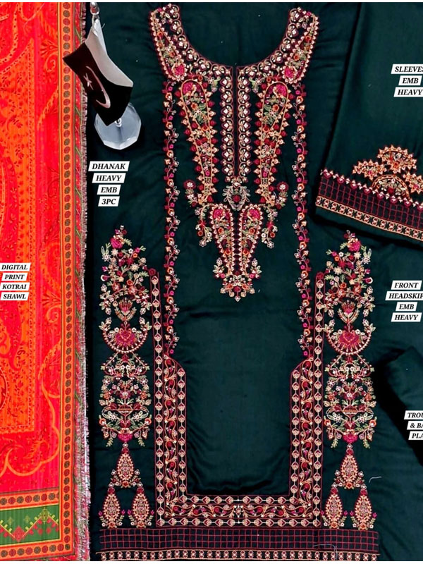 Dhanak Heavy Embroidered Dress With Digital Printed Kortai Shawl (Unstitched) (KD-273)