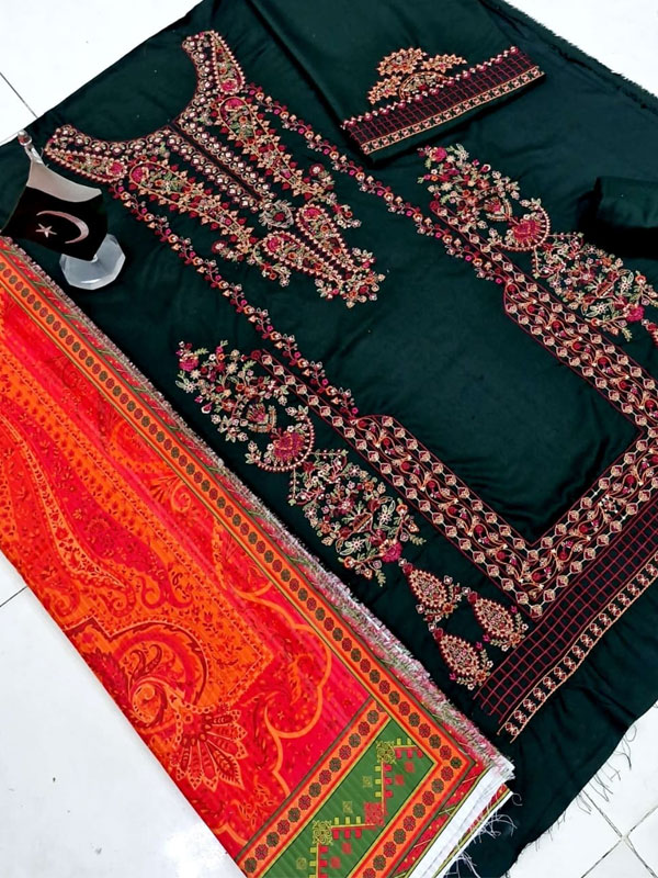 Dhanak Heavy Embroidered Dress With Digital Printed Kortai Shawl (Unstitched) (KD-273)