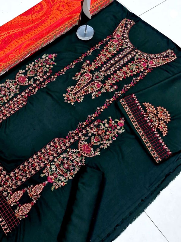 Dhanak Heavy Embroidered Dress With Digital Printed Kortai Shawl (Unstitched) (KD-273)