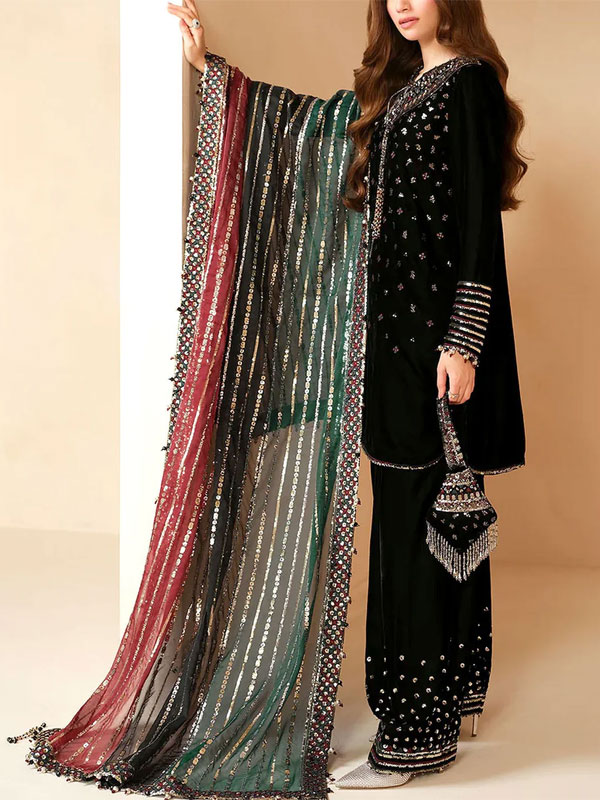 Fancy Embroidered Black Velvet Dress with Emb. Silk Trouser (Unstitched) (CHI-1054)