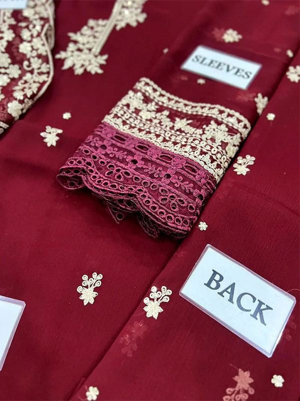 Gorgeous Heavy Embroidered Maroon Chiffon Wedding Dress With Chiffon Embroidered Dupatta (Unstitched) (CHI-1055)