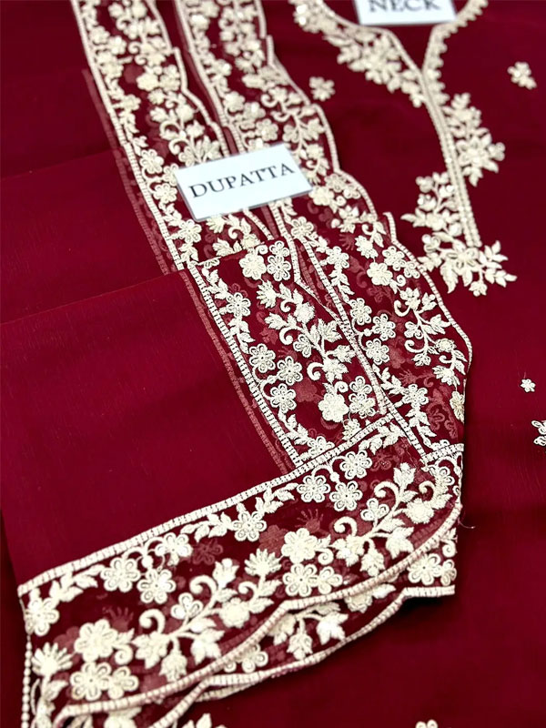 Gorgeous Heavy Embroidered Maroon Chiffon Wedding Dress With Chiffon Embroidered Dupatta (Unstitched) (CHI-1055)