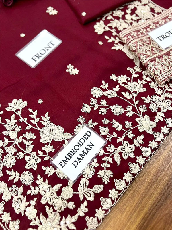 Gorgeous Heavy Embroidered Maroon Chiffon Wedding Dress With Chiffon Embroidered Dupatta (Unstitched) (CHI-1055)