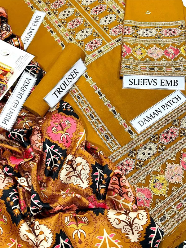 Aneela's Heavy Embroidered Gilded Dhanak Dress with Printed Wool Shawl (Unstitched) (KD-276)