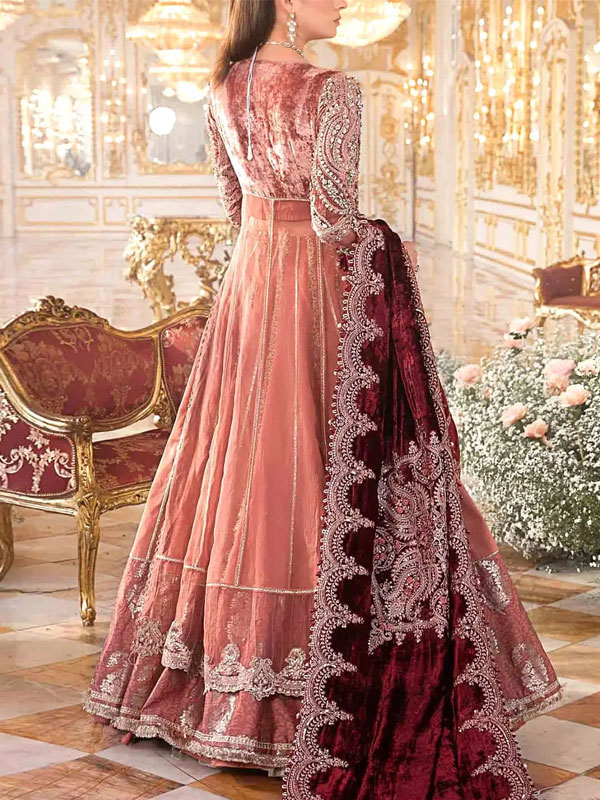 Luxurious Intricate Embroidered Rust Orange Net Maxi Dress (Unstitched) (CHI-1057)