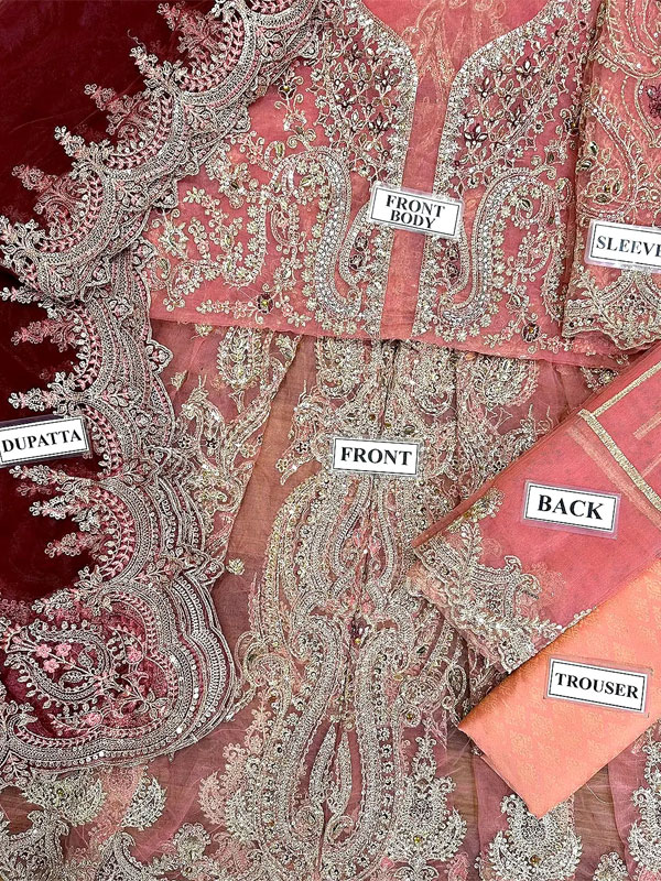 Luxurious Intricate Embroidered Rust Orange Net Maxi Dress (Unstitched) (CHI-1057)