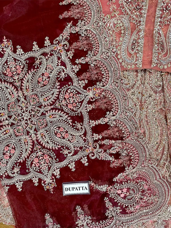 Luxurious Intricate Embroidered Rust Orange Net Maxi Dress (Unstitched) (CHI-1057)