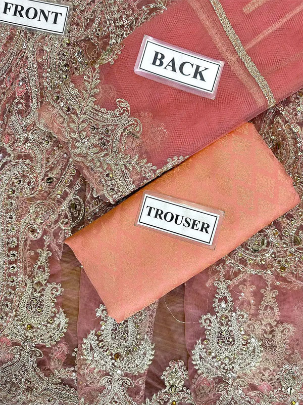 Luxurious Intricate Embroidered Rust Orange Net Maxi Dress (Unstitched) (CHI-1057)