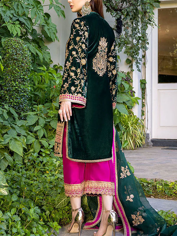 High Fashion Embroidered Bottle Green Velvet Dress with Embroidered Organza Dupatta (Unstitched) (CHI-1058)