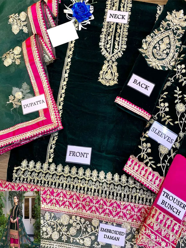 High Fashion Embroidered Bottle Green Velvet Dress with Embroidered Organza Dupatta (Unstitched) (CHI-1058)