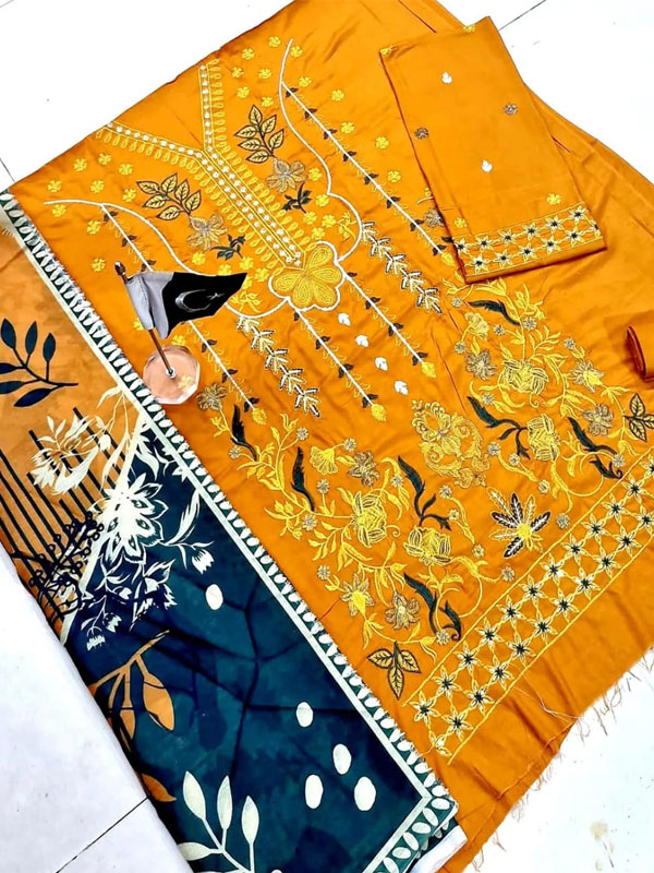 Linen Embroidery Dress With Digital Printed Banadora Linen Shawl (Unstitched) (LN-410)