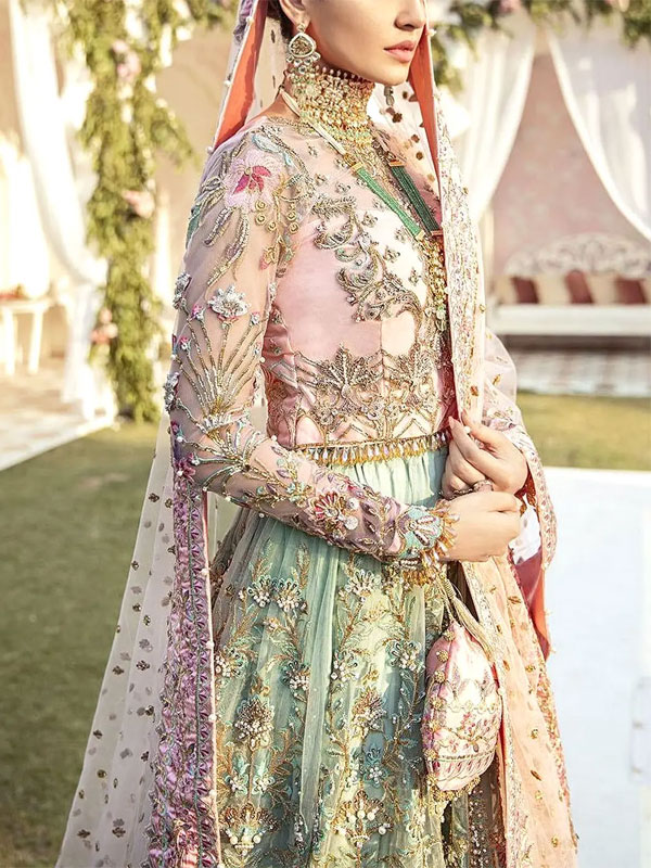 Glamorous Embroidered Net Bridal Lehenga in Blush Pink & Sage Green Color with Colorful Embellishments (Unstitched) (CHI-1062)