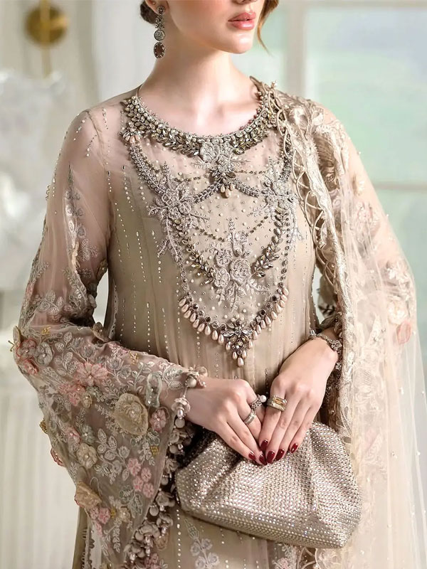Premium Heavy Embroidered Beige Chiffon Wedding Dress with 3D Handwork and Rich Embellished Neckline (Unstitched) (CHI-1063)