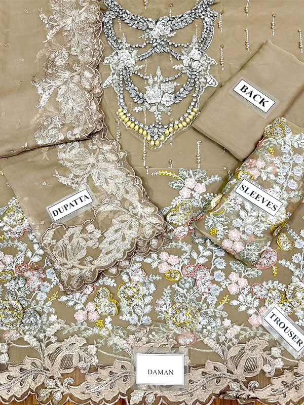 Premium Heavy Embroidered Beige Chiffon Wedding Dress with 3D Handwork and Rich Embellished Neckline (Unstitched) (CHI-1063)