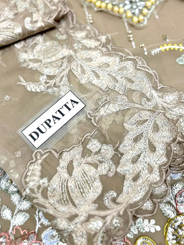 Premium Heavy Embroidered Beige Chiffon Wedding Dress with 3D Handwork and Rich Embellished Neckline (Unstitched) (CHI-1063)