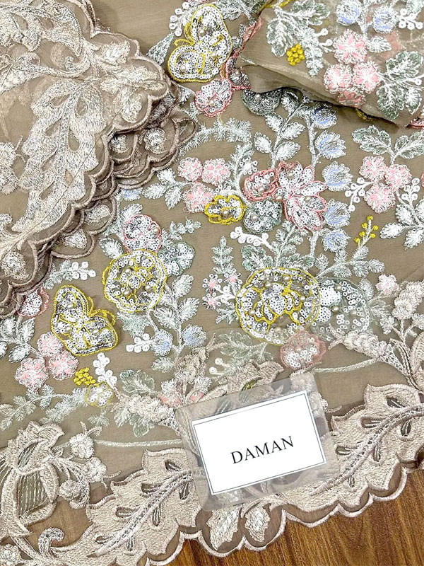 Premium Heavy Embroidered Beige Chiffon Wedding Dress with 3D Handwork and Rich Embellished Neckline (Unstitched) (CHI-1063)