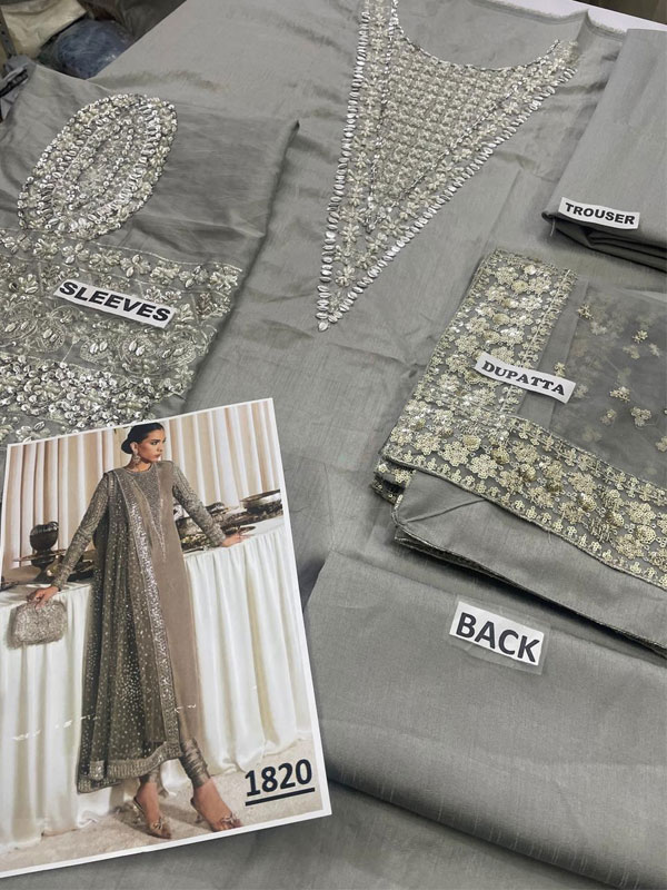 Raw Silk Long Neckline & Sleeves Hand Work Wedding Dress (Unstitched) (CHI-1065)