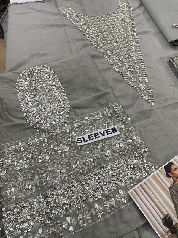 Raw Silk Long Neckline & Sleeves Hand Work Wedding Dress (Unstitched) (CHI-1065)