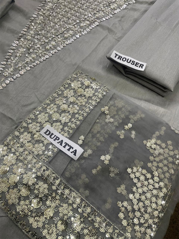 Raw Silk Long Neckline & Sleeves Hand Work Wedding Dress (Unstitched) (CHI-1065)