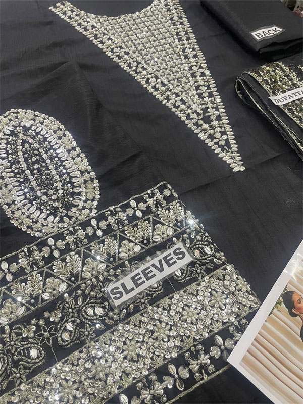 Raw Silk Long Neckline & Sleeves Hand Work Wedding Dress (Unstitched) (CHI-1067)