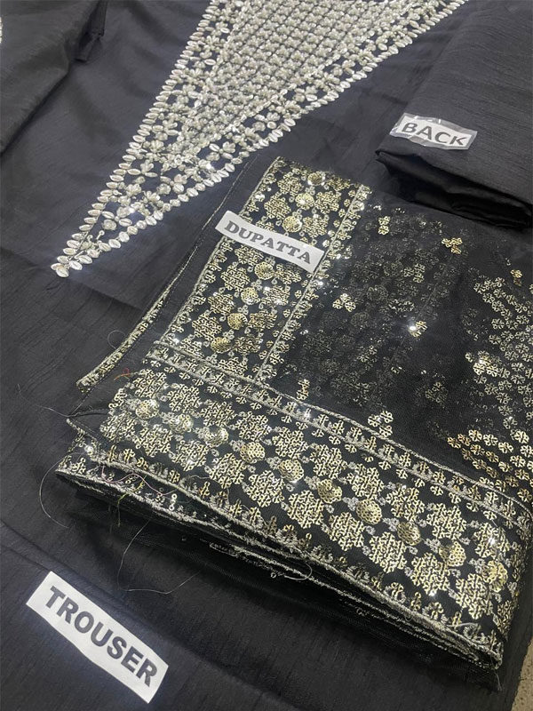 Raw Silk Long Neckline & Sleeves Hand Work Wedding Dress (Unstitched) (CHI-1067)