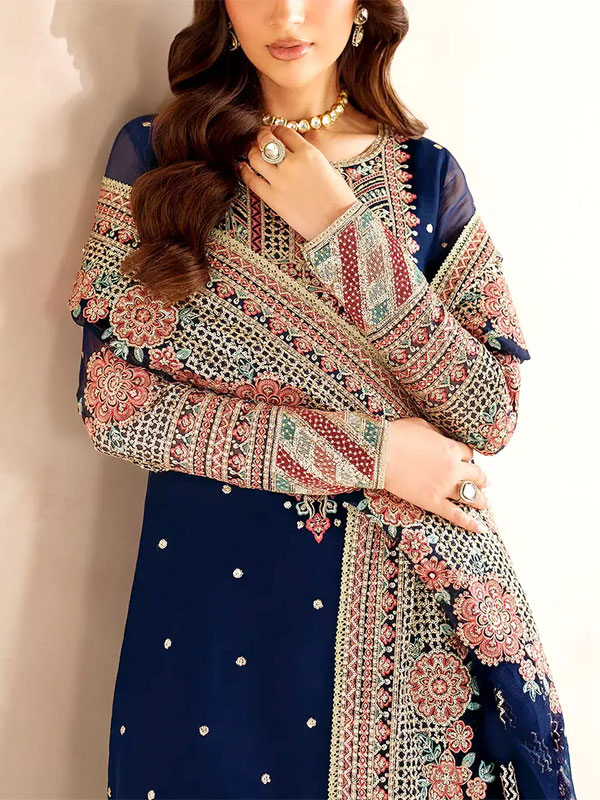 Embroidered Navy Blue Chiffon Party Wear Dress With Embroidered Chiffon Dupatta (Unstitched) (CHI-1068)