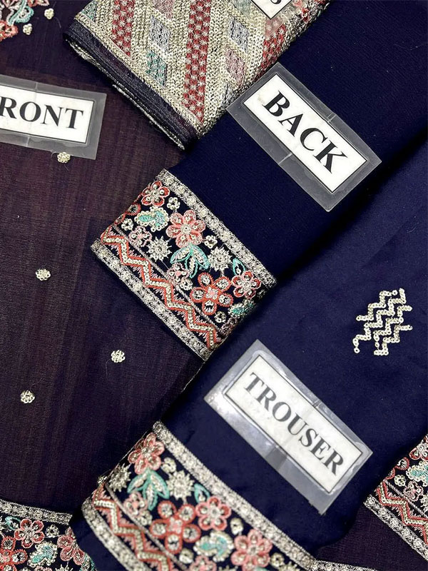 Embroidered Navy Blue Chiffon Party Wear Dress With Embroidered Chiffon Dupatta (Unstitched) (CHI-1068)