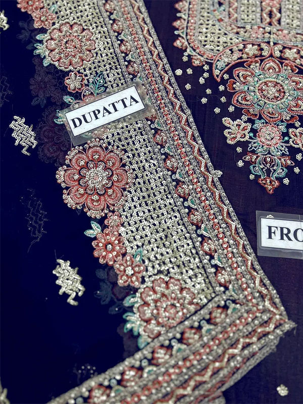 Embroidered Navy Blue Chiffon Party Wear Dress With Embroidered Chiffon Dupatta (Unstitched) (CHI-1068)