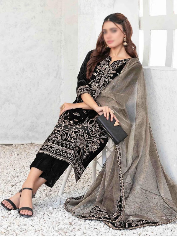 Velvet Sequence Embroidered Dress With Masoori Embroidered Dupatta (Unstitched) (CHI-1070)