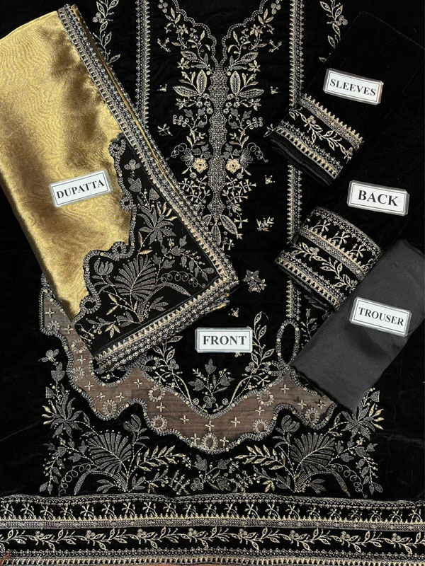 Velvet Sequence Embroidered Dress With Masoori Embroidered Dupatta (Unstitched) (CHI-1070)