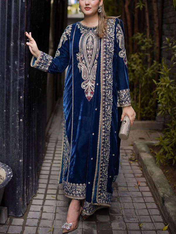 Velvet Spengle Embroidered Party Wear Dress With Velvet Embroidered Shawl (Unstitched) (CHI-1071)