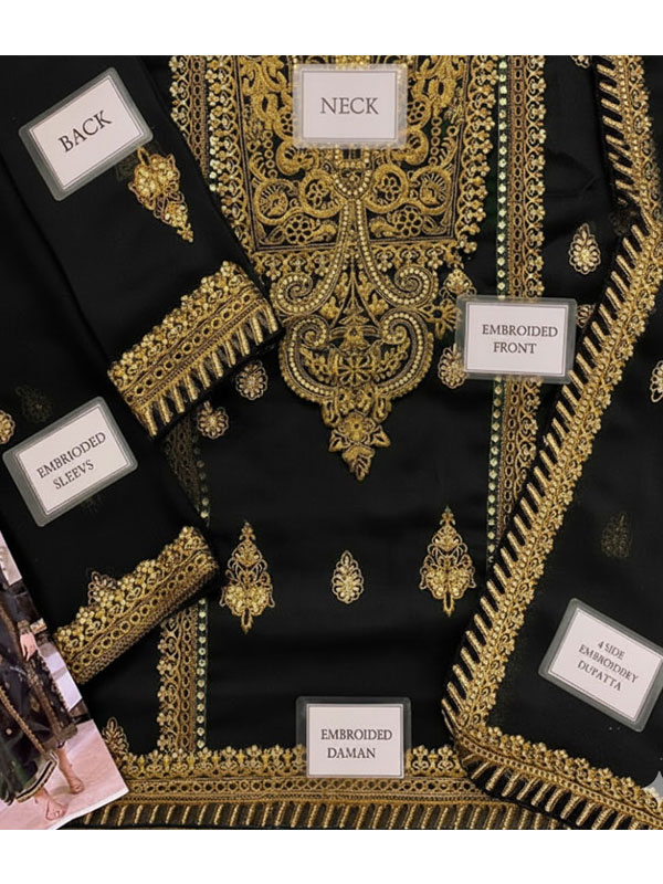 Black Chiffon Heavy Embroidered Spengle Dress With Chiffon Embroidered Dupatta (Unstitched) (CHI-1080)
