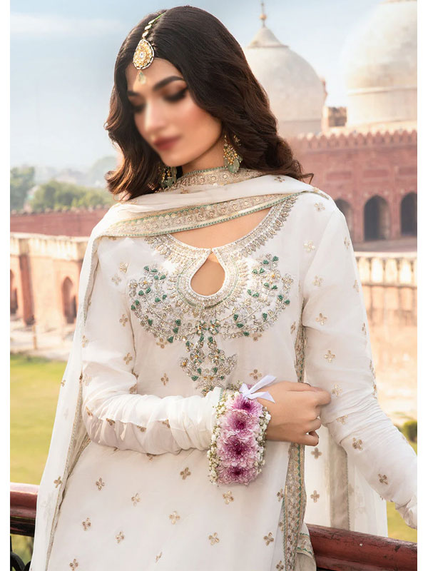 Graceful Embroidered White Chiffon Dress With 4-Sided Embroidered NET Dupatta (Unstitched) (CHI-1083)