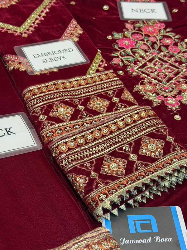 ANEELA'S Velvet Heavy Embroidered Dress With Velvet Embroidered Shawl (Unstitched) (CHI-1084)