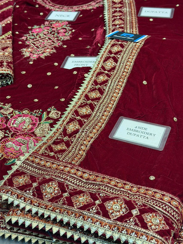 ANEELA'S Velvet Heavy Embroidered Dress With Velvet Embroidered Shawl (Unstitched) (CHI-1084)