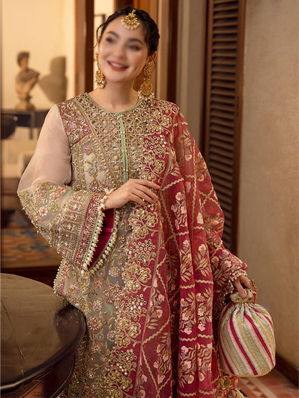 Luxury Handcrafted & Heavy Embroidered Organza Bridal Dress (Unstitched) (CHI-1088)